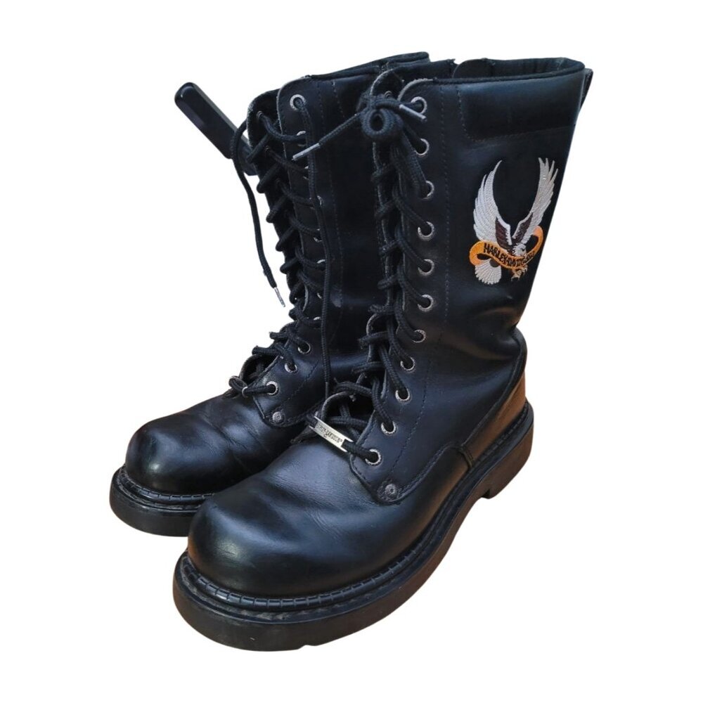 Vintage HARLEY DAVIDSON Leather Biker Boots Lace up Combat Style Motorcycle Sz 8 - Picture 3 of 14
